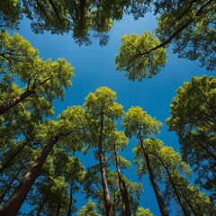 A vibrant forest canopy under a bright blue sky.