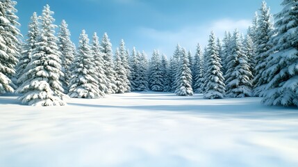 Snow-Covered Evergreen Forest in Serene Winter Landscape
