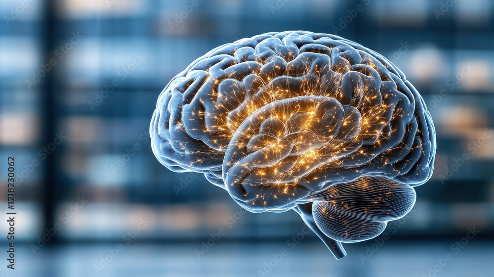 Poster close up of brain with highlighted neural activity and connections
