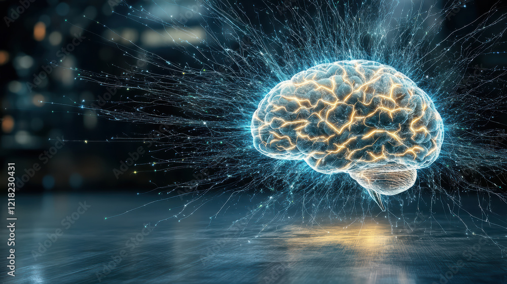 Poster digital art of brain with dynamic neuro patterns and glowing connections