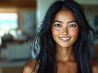 A smiling woman with long hair, showcasing a warm and inviting expression.