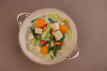 Sayur Lodeh Tempe Gembus, Indonesian Traditional Food. Made from Tempe Gembus, Carrot, Long Beans, and Cabbage in Coconut Milk Soup. 
