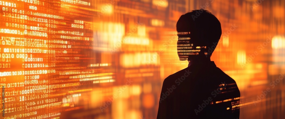 Poster digital silhouette: a person stands silhouetted against a vibrant backdrop of cascading binary code,