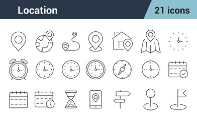 Time, Date, and Address, Line Editable Icons set. Includes location, map, calendar, clock, pin, and More.