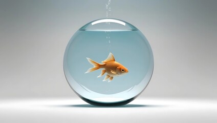 Goldfish Swimming in a Floating Glass Bowl with Air Bubbles on a Blue and White Gradient Background