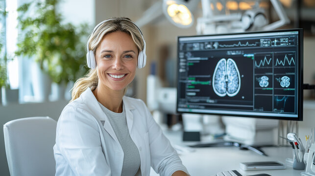 therapist smiles while working with neurofeedback technology in modern office