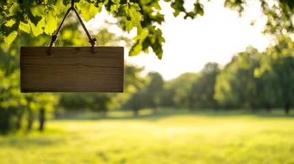 Wooden sign hanging from a tree branch in a serene park setting, surrounded by lush greenery