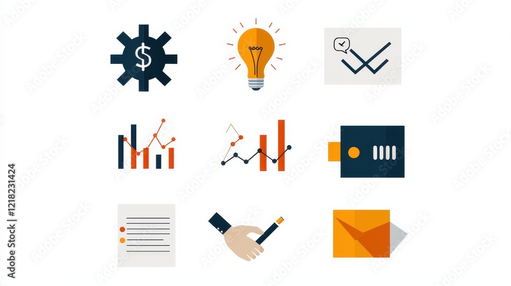 Aufkleber showcasing minimalist business icons featuring gears and lightbulbs for effective branding in modern