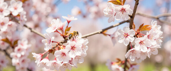 Fototapeta premium Honey bee collecting nectar from cherry blossoms in public garden, spring beauty