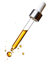 Glass dropper with golden oil, white isolate background.