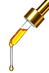 Dropper with gold liquid essential oil, white isolated background