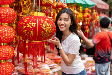 Young Asian Women Shopping for beautiful red ornament Offerings Outdoors market