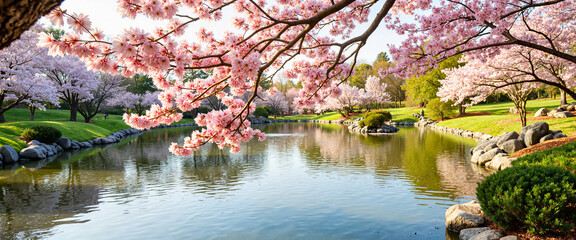 Cherry blossoms reflecting over tranquil pond in zen garden, serenity