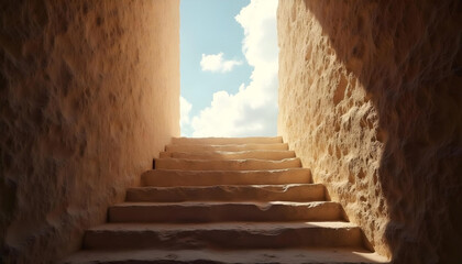 Ancient stone staircase leading to a castle in the sky