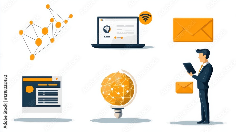 Fototapete Exploring icons of networking elements email wifi globe and ha standards for enhanced connectivity