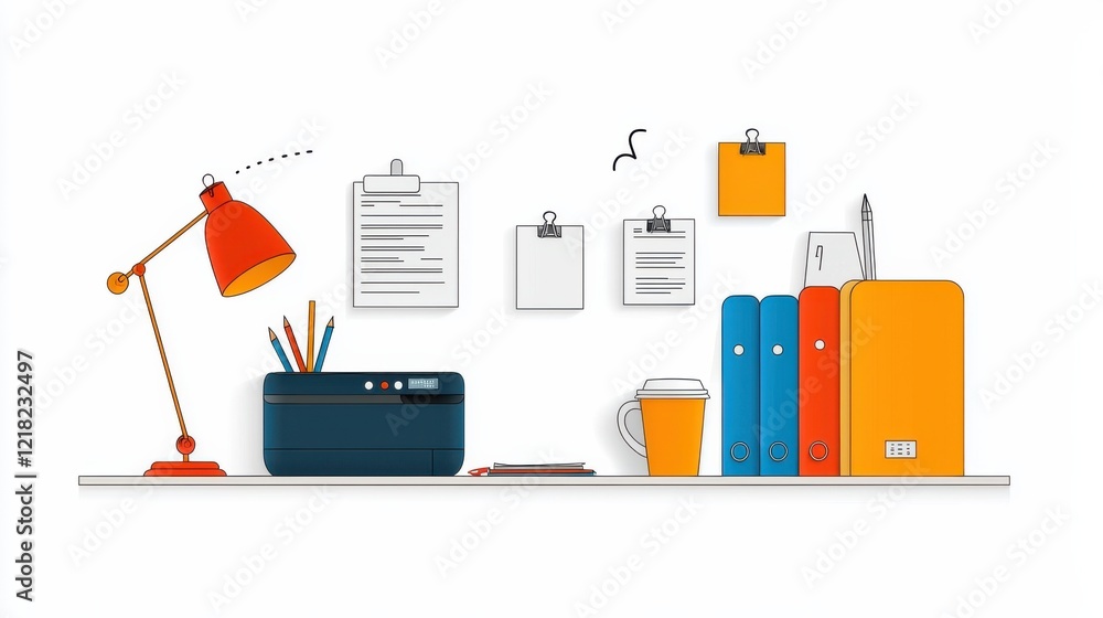 Poster enhancing productivity with office essentials desk lamp sticky notes and more in a modern workspace 