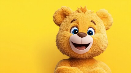 Cute Yellow Cartoon Bear with Blue Eyes Smiling on Bright Yellow Background