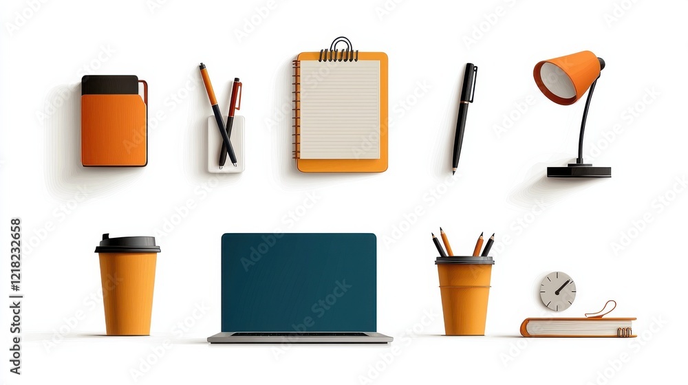 Poster enhancing productivity with essential workplace tools laptop notebook pen and cup in a modern office