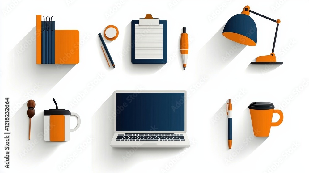 Poster enhancing productivity with essential workplace tools laptop notebook pen and more in modern office 