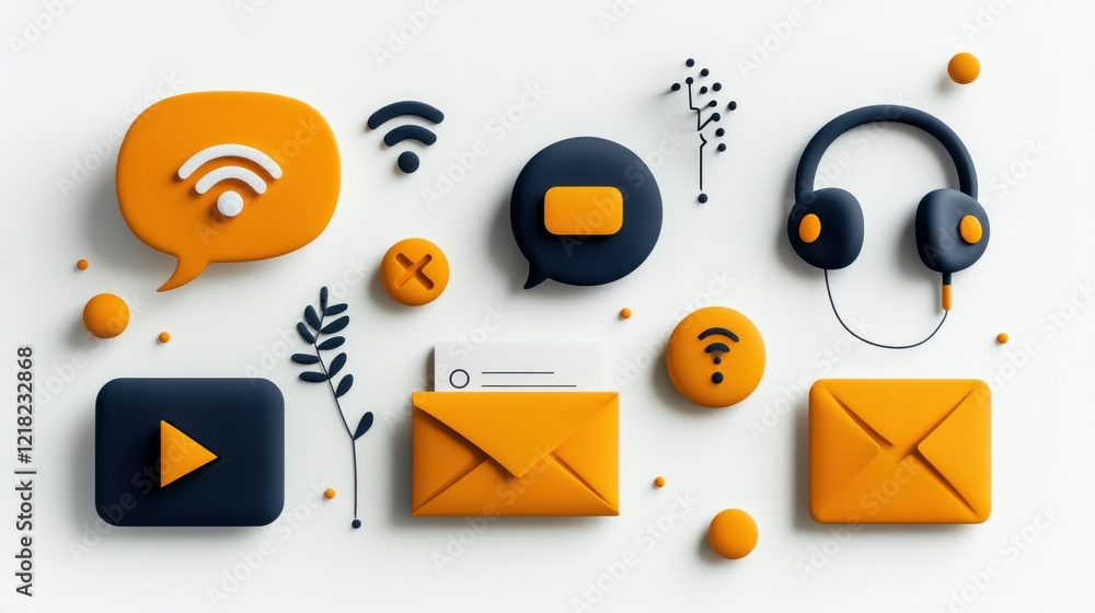 Poster exploring six communication icons chat bubbles emails phones wifi and standard connectivity in digit