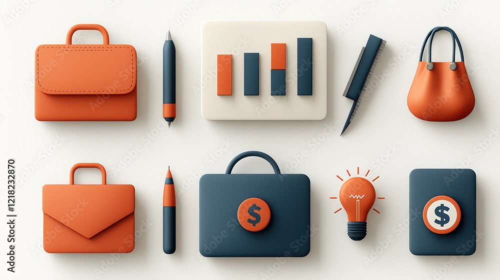 Poster showcasing six business icons briefcase bar chart and standard elements in a modern workspace enviro