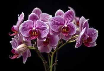 Obraz premium A vibrant bouquet of flowers, showcasing delicate orchids in shades of pink against a dark backdrop, exuding elegance and beauty.