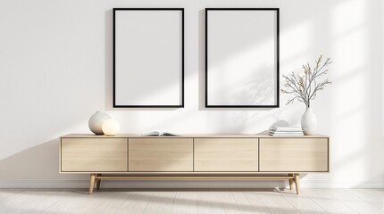 Minimalist art frame mockup, living room wall poster mockup Japandi living room decor. Interior mockup with a clean modern design, 3D render Scandinavian minimalism and Japanese