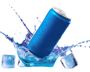 an ion supply drink, suspended amidst splashing water against a vibrant blue background. The can is in mid-air, surrounded by dynamic water splashes and ice cubes.