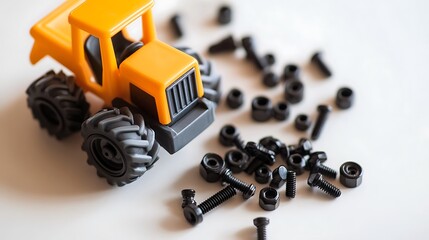 Fototapeta premium Plastic toy tractor on a white background with screws and nuts.