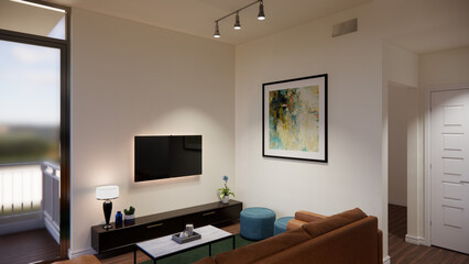 This high-quality 3D rendering is ideal for illustrating interior design proposals, architectural presentations, and lifestyle content related to home living and social spaces.