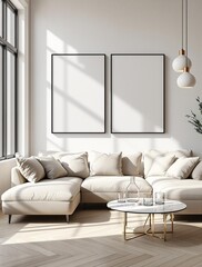 Art frame mockup, wall poster mockup in a modern Japandi living room, minimalist interior mockup. 3D render Scandinavian and Japanese design elements.