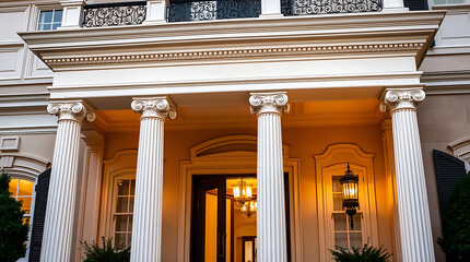 Obraz premium Majestic Classical Mansion Entrance: Architectural Grandeur and Elegant Design. A luxurious home exterior with impressive columns and a grand portico.