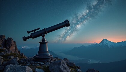 Antique Telescope Capturing Milky Way's Splendor Over Mountainous Wilderness with Copy Space