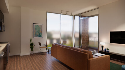 This high-quality 3D rendering is ideal for illustrating interior design proposals, architectural presentations, and lifestyle content related to home living and social spaces.