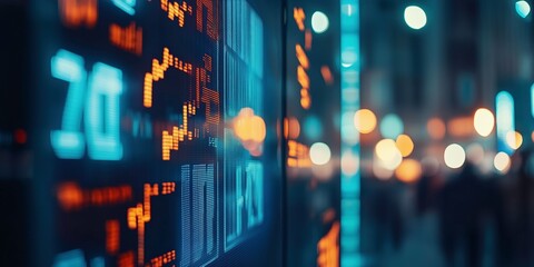 Night Stock Market Data: Vibrant display of stock market data at night, illuminated numbers and graphs against a blurred city backdrop, conveying dynamism and the fast-paced world of finance.