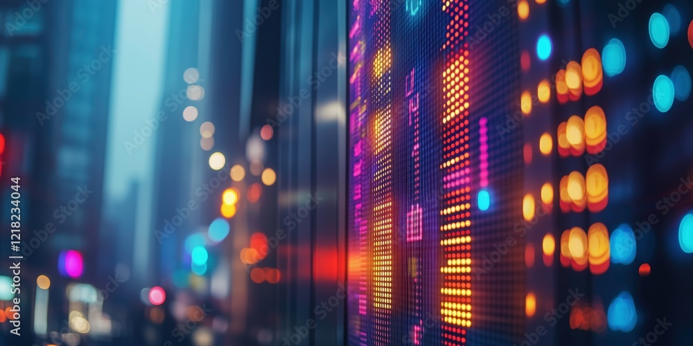 Poster neon city data stream: vibrant streaks of data illuminate a towering cityscape at night, creating a 