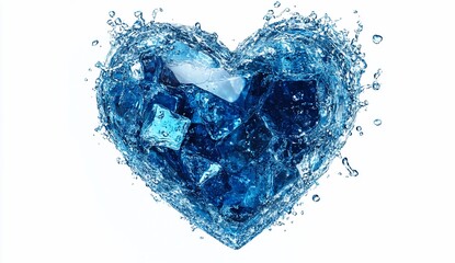 A heart-shaped splash of vibrant blue water, teeming with ice cubes, creates a visually stunning image.