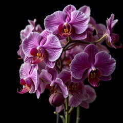Obraz premium A striking bouquet of flowers showcases vibrant pink orchids, radiating beauty and elegance against a dark backdrop.