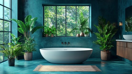 Fototapeta premium Luxurious Teal Bathroom with Lush Greenery and Freestanding Tub