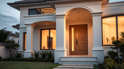 Fototapeta premium Luxury Home Exterior at Dusk: Modern Architectural Design, Elegant Entrance, and Landscaping