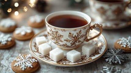 Fototapeta premium Enjoying warm tea with sugar cubes and cookies cozy home setting food photography winter vibes