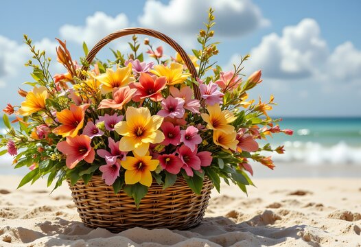 A vibrant bouquet of flowers rests in a woven basket on sandy shores, radiating joy against a bright, sunny backdrop.