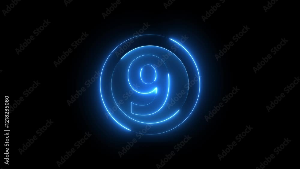 Poster a circle with a neon icon on a black background and the text 9 in the middle of it.