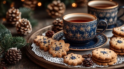 Fototapeta premium Festive tea and cookies arrangement cozy home food display warm atmosphere close-up view holiday cheer