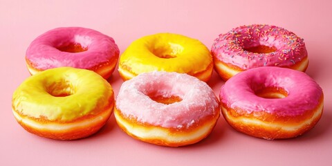Colorful donuts arranged on a pink background. Delicious gourmet snack.