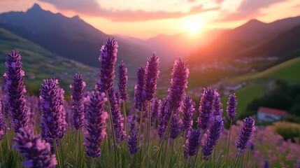 Obraz premium Lavender Flowers Blooming at Sunset in Mountain Valley