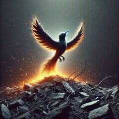 Rising from Ashes A bird shaped form rising from a pile of ashes