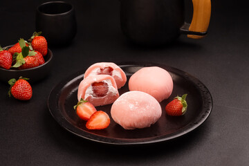 Strawberry Japanese Mochi or  Ichigo Daifuku, Glutinous Rice Dessert with Fresh Strawberry.