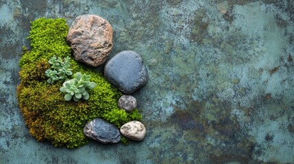 Moss Succulents Stones Arranged On Rustic Green Background