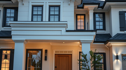 Fototapeta premium Luxury Home Exterior at Dusk: Modern Architectural Design, Elegant Facade, and Grand Entrance. Real Estate Photography
